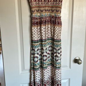 Boho Patterned Maxi Dress in Cream, Teal & Burgundy